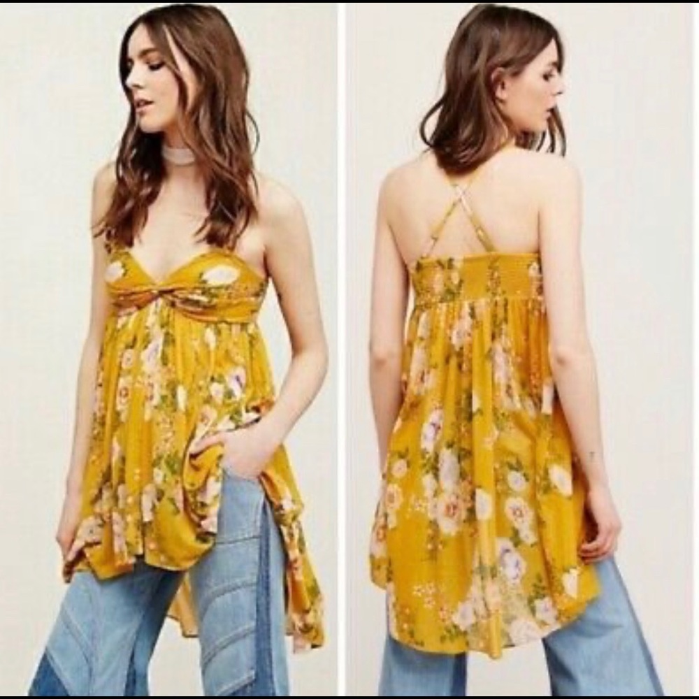 🌻FREE PEOPLE Mirage Hi-Low Yellow Floral Tunic